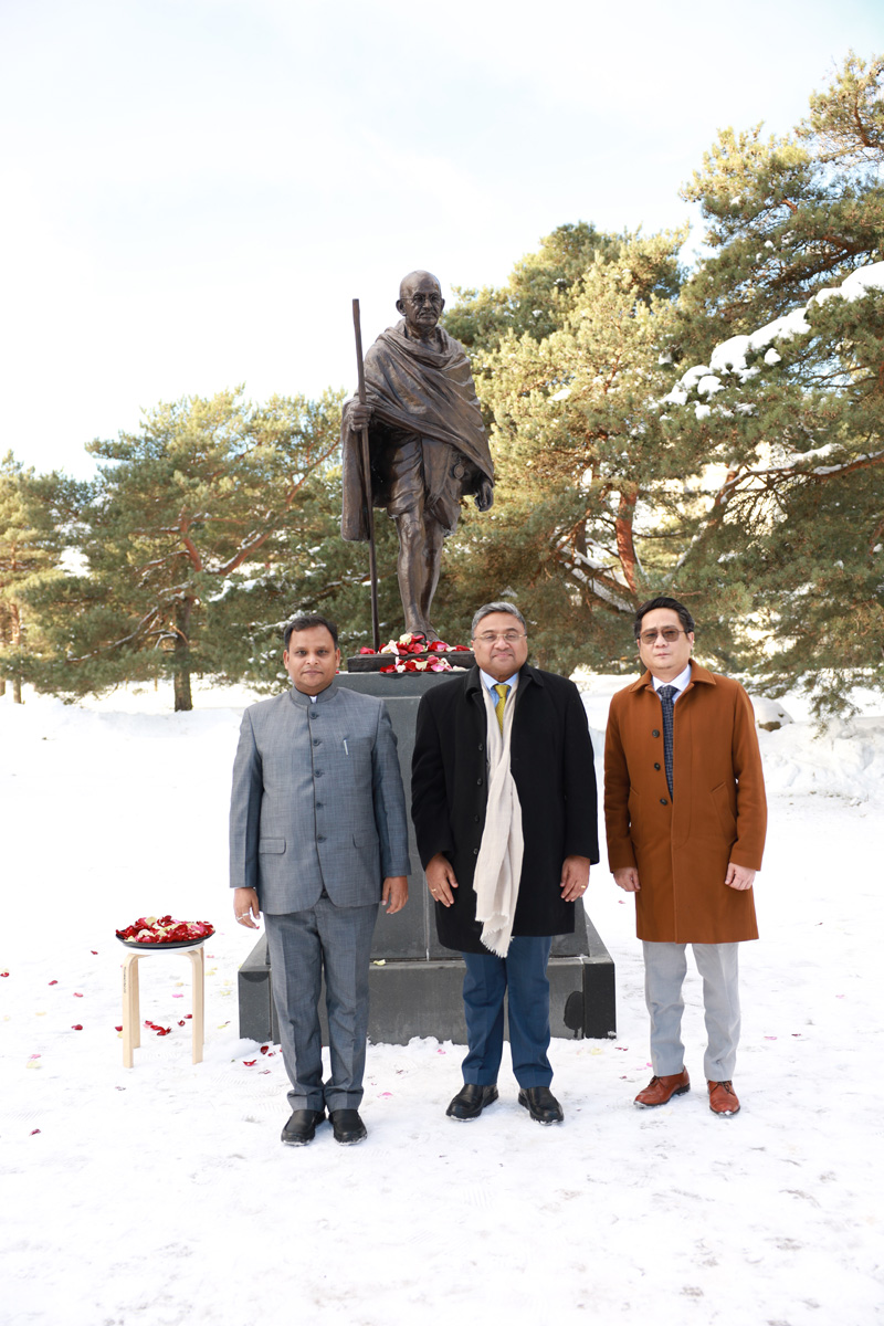 Floral tribute to Mahatma Gandhi at his statue in Tallinn